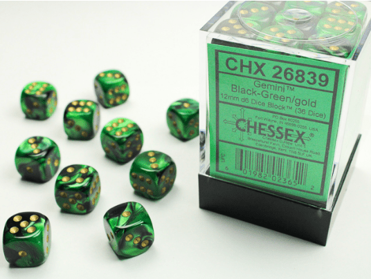 CHESSEX - GEMINI 36D6 BLACK-GREEN/GOLD 12MM